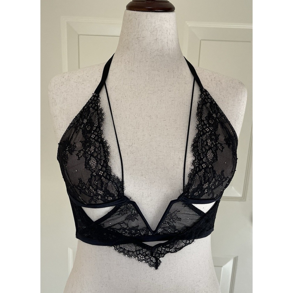 La Senza Black Floral Lace Longline Bralette Lingerie Top Sheer Cutout Large